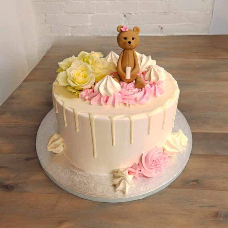 Christening Cake with Teddy Bear & Flowers