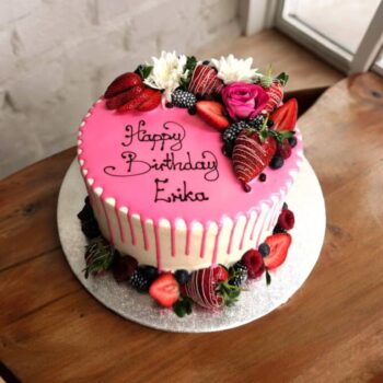 Pink Chocolate Drip Cake with Fresh Fruit & Flowers