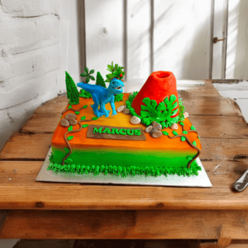 Dinosaur and volcano cake
