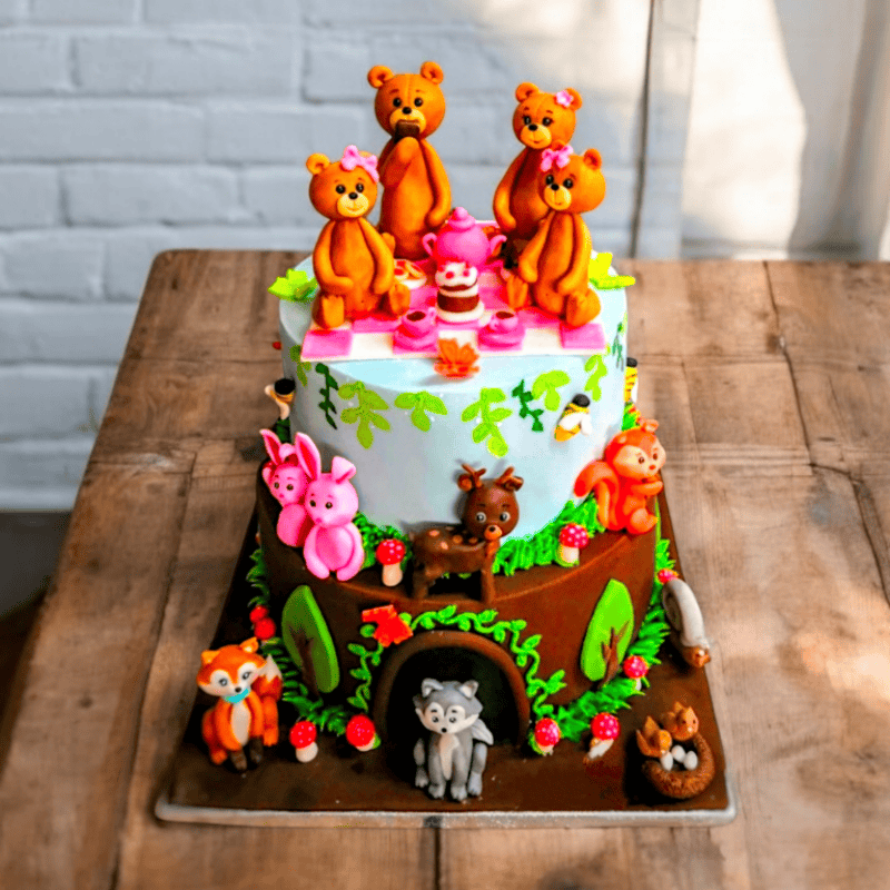 Teddy Bears family and forest animals Two-Tier Cake!