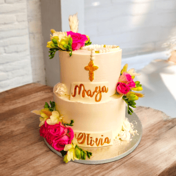 Holy Communion Cake with gold accent and fresh flowers