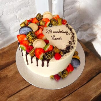 Chocolate Drip Cake with fruits and cookies