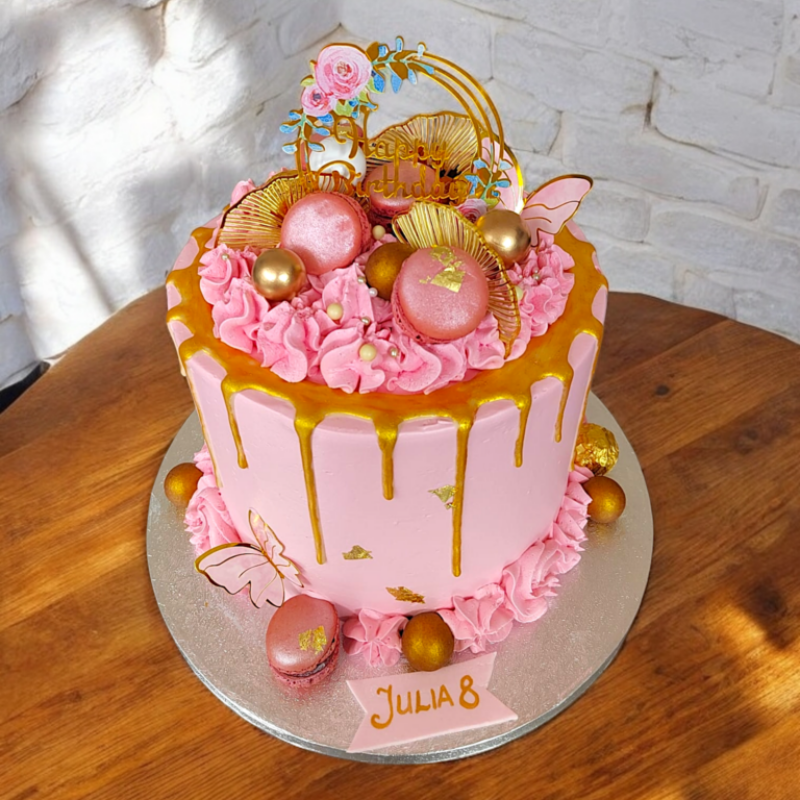 Pink Chocolate Drip Cake with Macarons