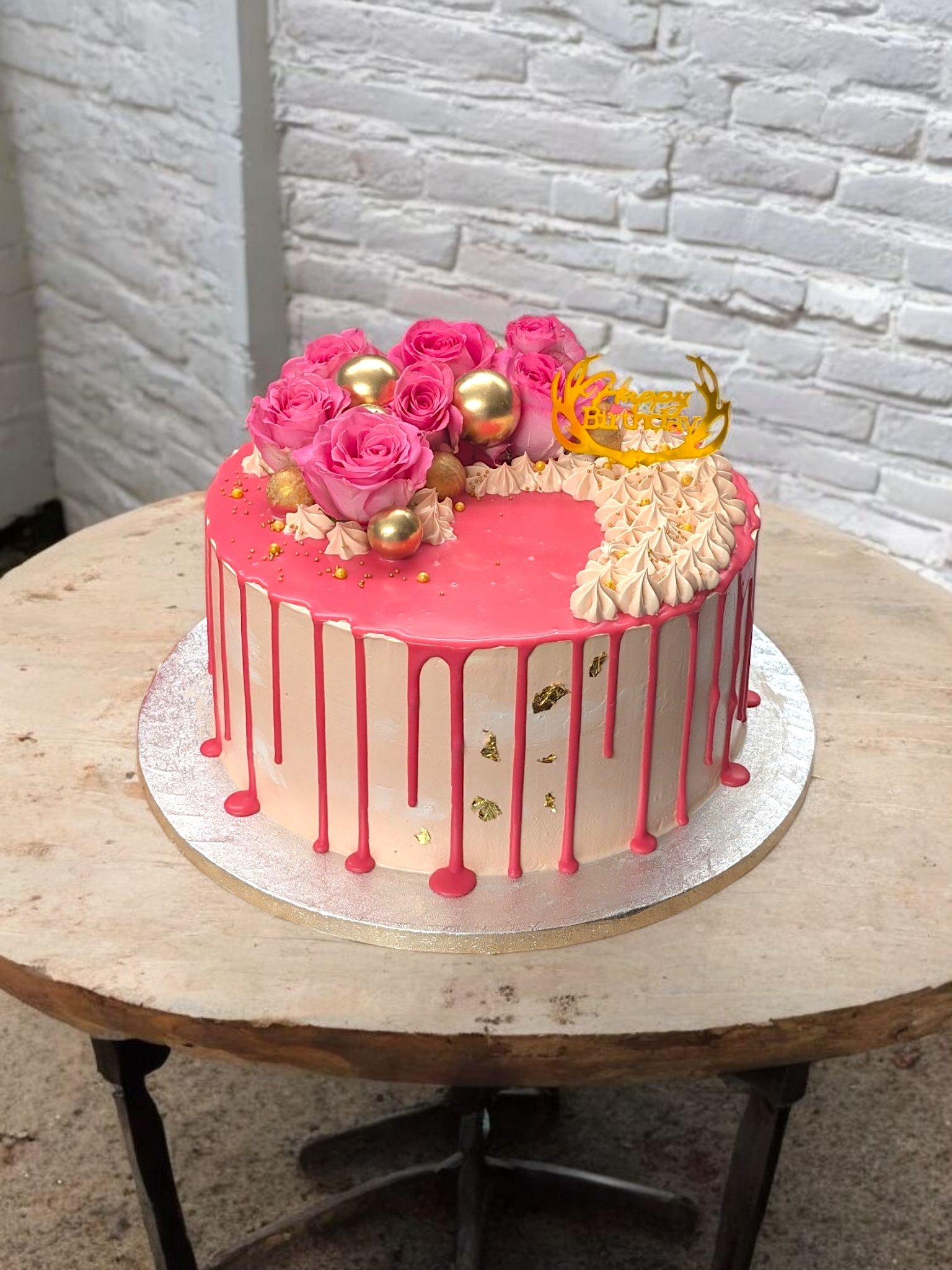 Chocolate Drip and Fresh roses with gold